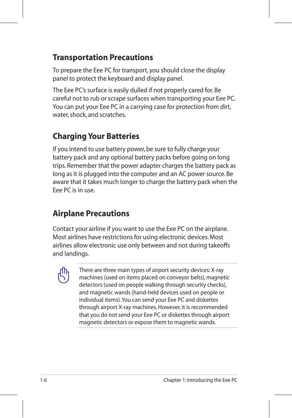Transportation precautions, Charging your batteries, Airplane precautions | Asus 701SD User Manual | Page 10 / 66