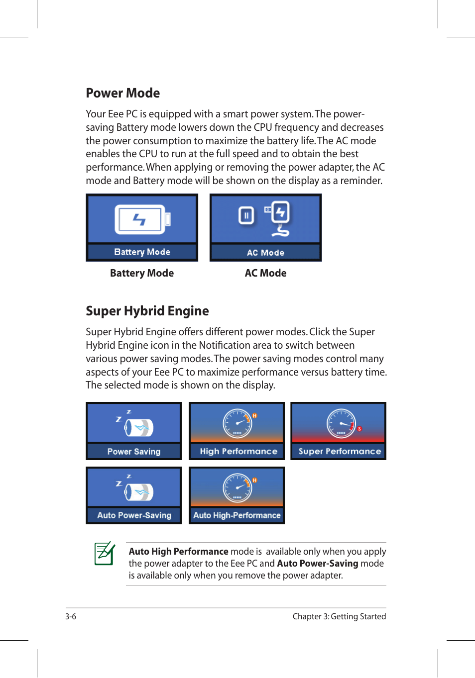 Power mode, Super hybrid engine | Asus 701SD User Manual | Page 28 / 66