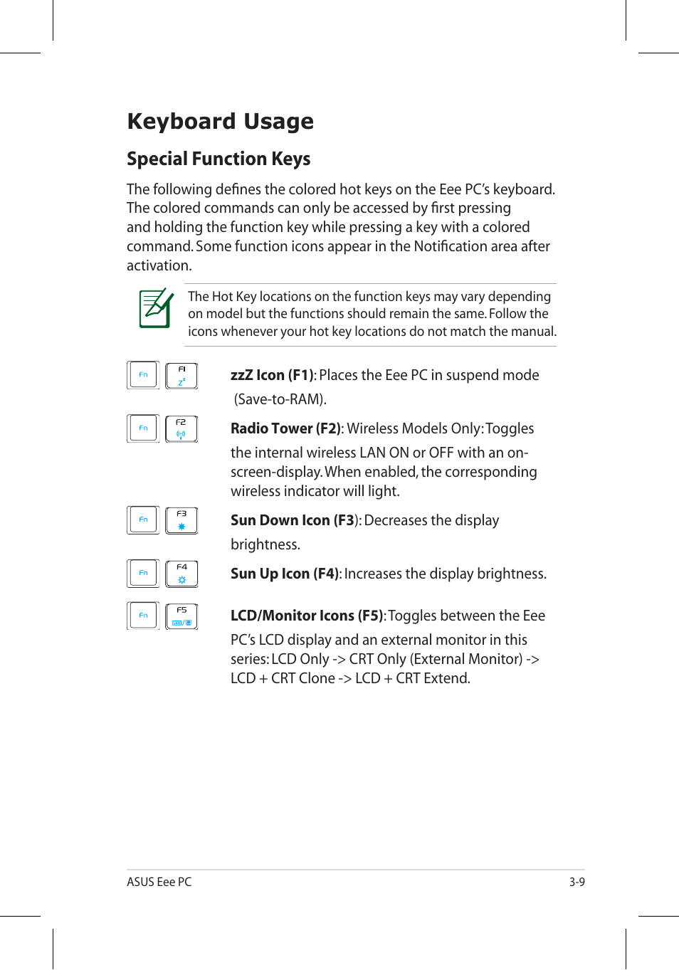 Keyboard usage, Special function keys | Asus 701SD User Manual | Page 31 / 66