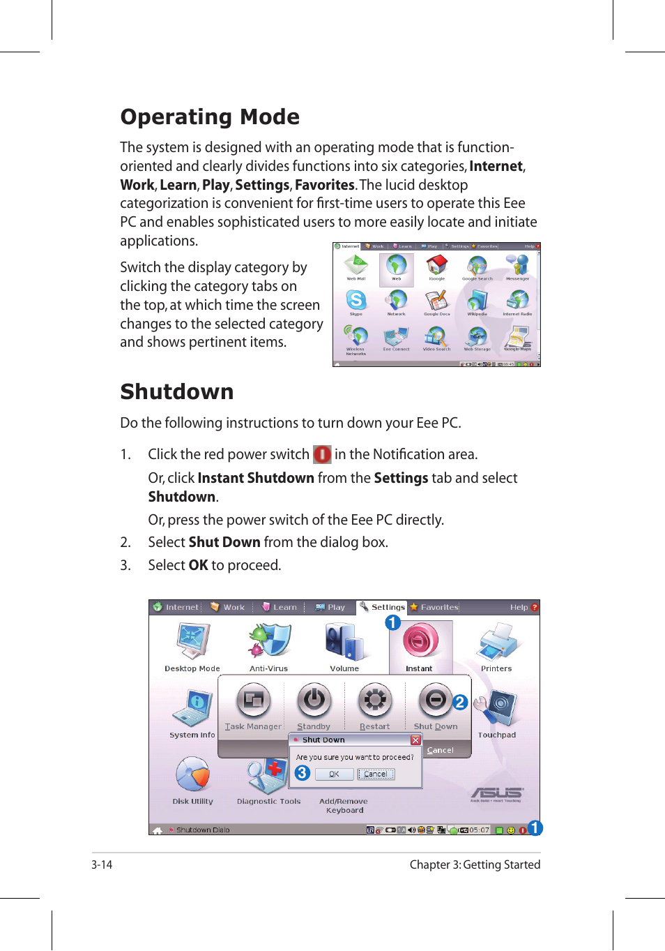 Operating mode, Shutdown | Asus 701SD User Manual | Page 36 / 66