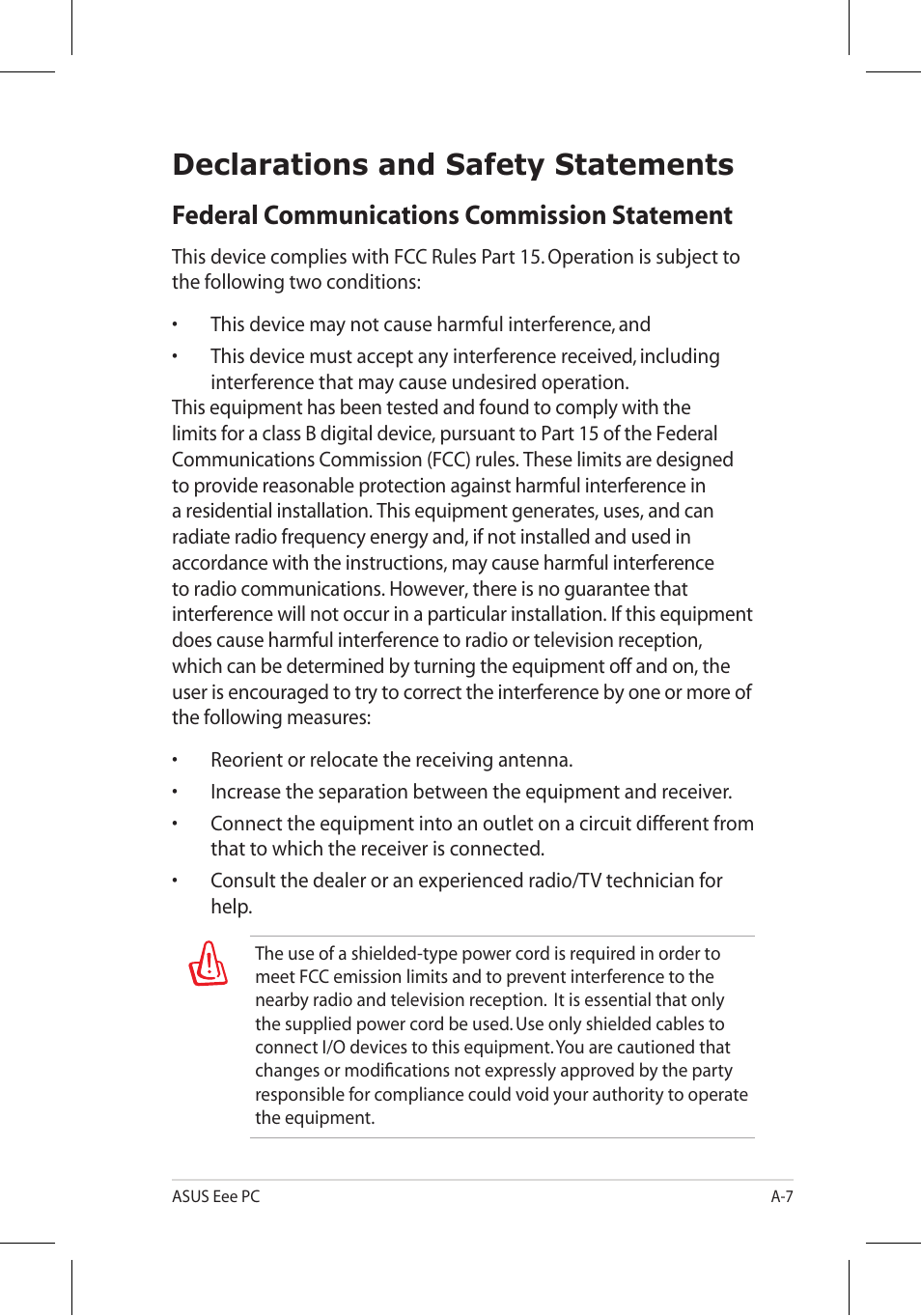 Declarations and safety statements, Federal communications commission statement | Asus 701SD User Manual | Page 43 / 66