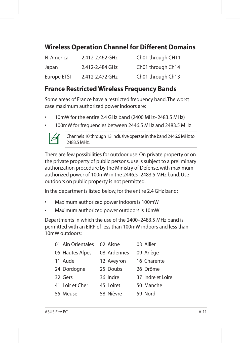 Wireless operation channel for different domains, France restricted wireless frequency bands | Asus 701SD User Manual | Page 47 / 66