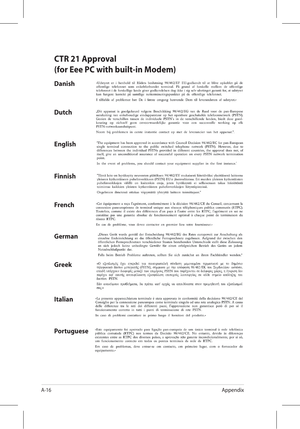 Ctr 21 approval (for eee pc with built-in modem) | Asus 701SD User Manual | Page 52 / 66