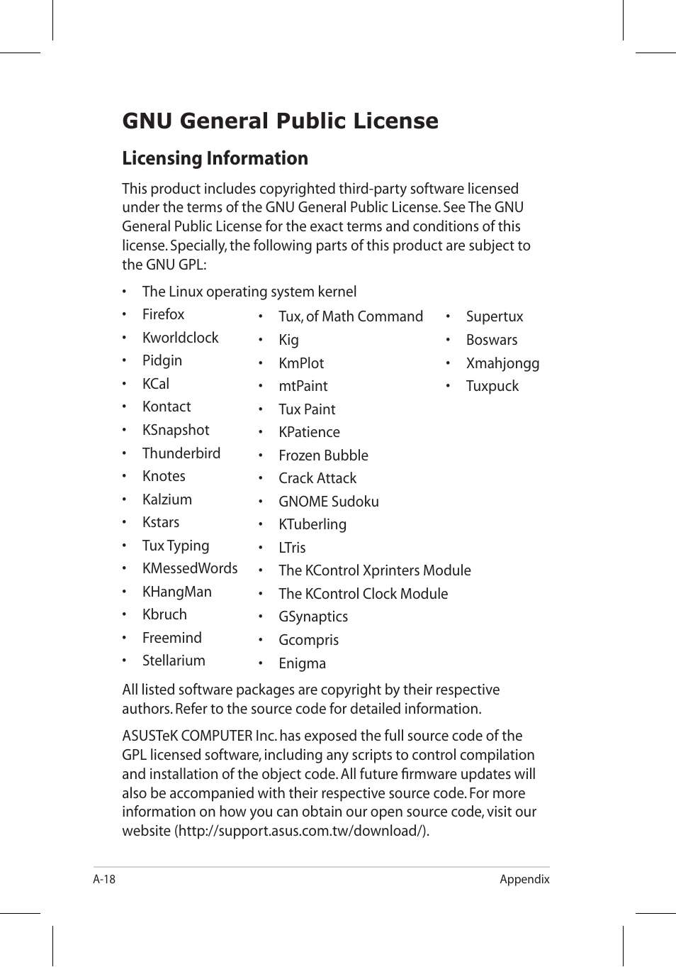 Gnu general public license, Licensing information | Asus 701SD User Manual | Page 54 / 66