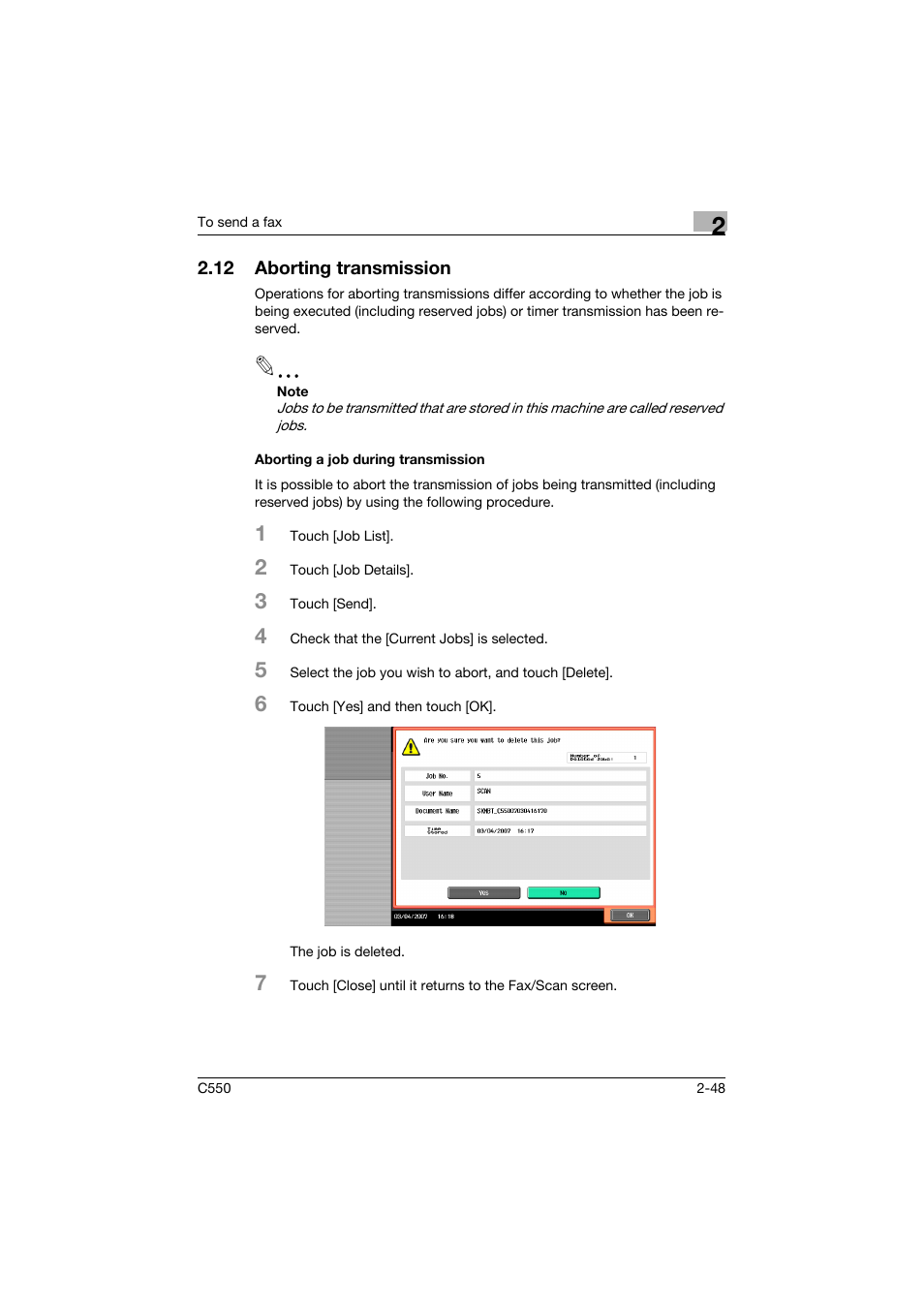 12 aborting transmission, Aborting a job during transmission, Aborting transmission -48 | Aborting a job during transmission -48 | Konica Minolta bizhub C550 User Manual | Page 104 / 491