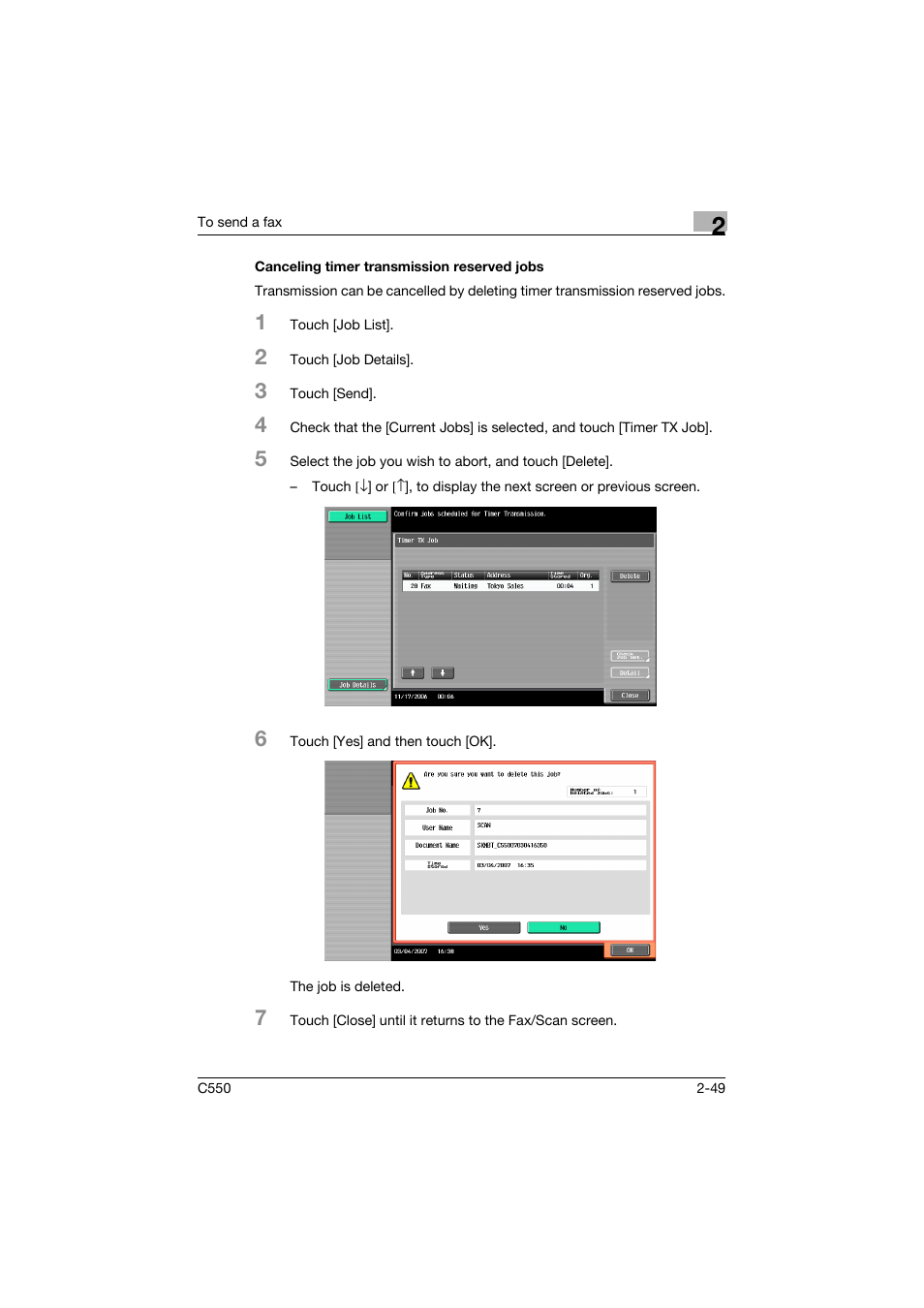 Canceling timer transmission reserved jobs, Canceling timer transmission reserved jobs -49 | Konica Minolta bizhub C550 User Manual | Page 105 / 491