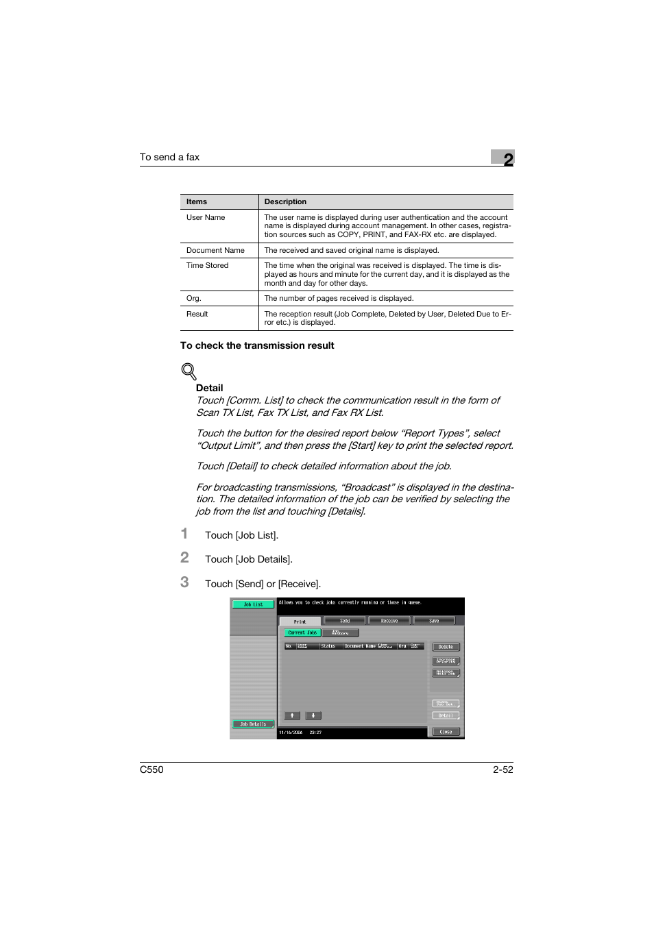 To check the transmission result, To check the transmission result -52 | Konica Minolta bizhub C550 User Manual | Page 108 / 491