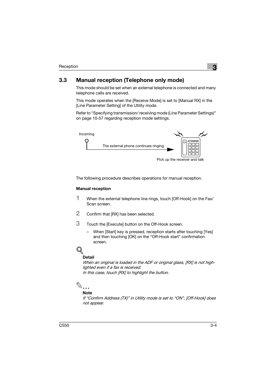 3 manual reception (telephone only mode), Manual reception, Manual reception (telephone only mode) -4 | Manual reception -4, E 3-4) | Konica Minolta bizhub C550 User Manual | Page 135 / 491