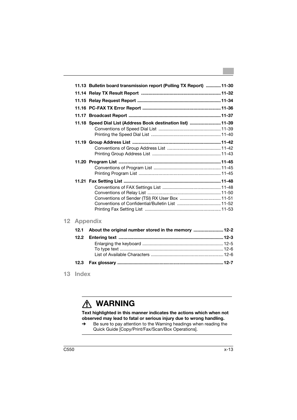 7 warning, 12 appendix, 13 index | Konica Minolta bizhub C550 User Manual | Page 14 / 491