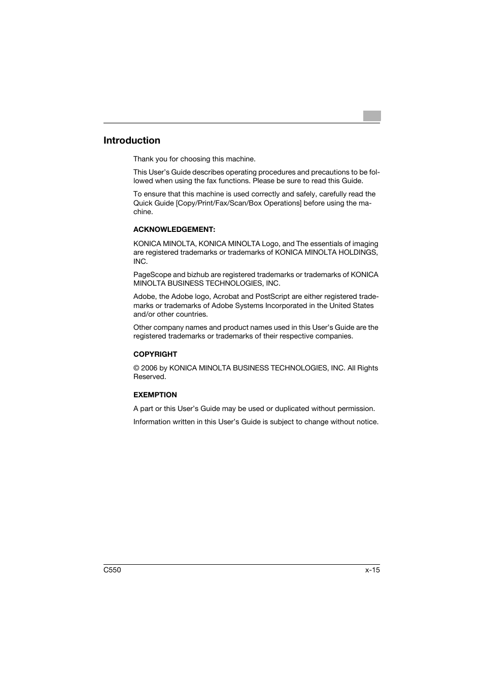 Introduction, Acknowledgement, Copyright | Exemption | Konica Minolta bizhub C550 User Manual | Page 16 / 491