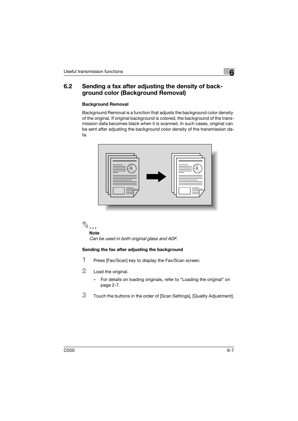 Background removal, Sending the fax after adjusting the background | Konica Minolta bizhub C550 User Manual | Page 166 / 491