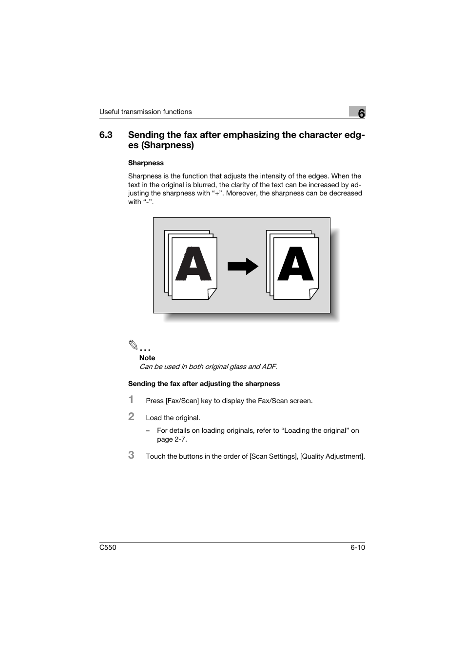 Sharpness, Sending the fax after adjusting the sharpness | Konica Minolta bizhub C550 User Manual | Page 169 / 491