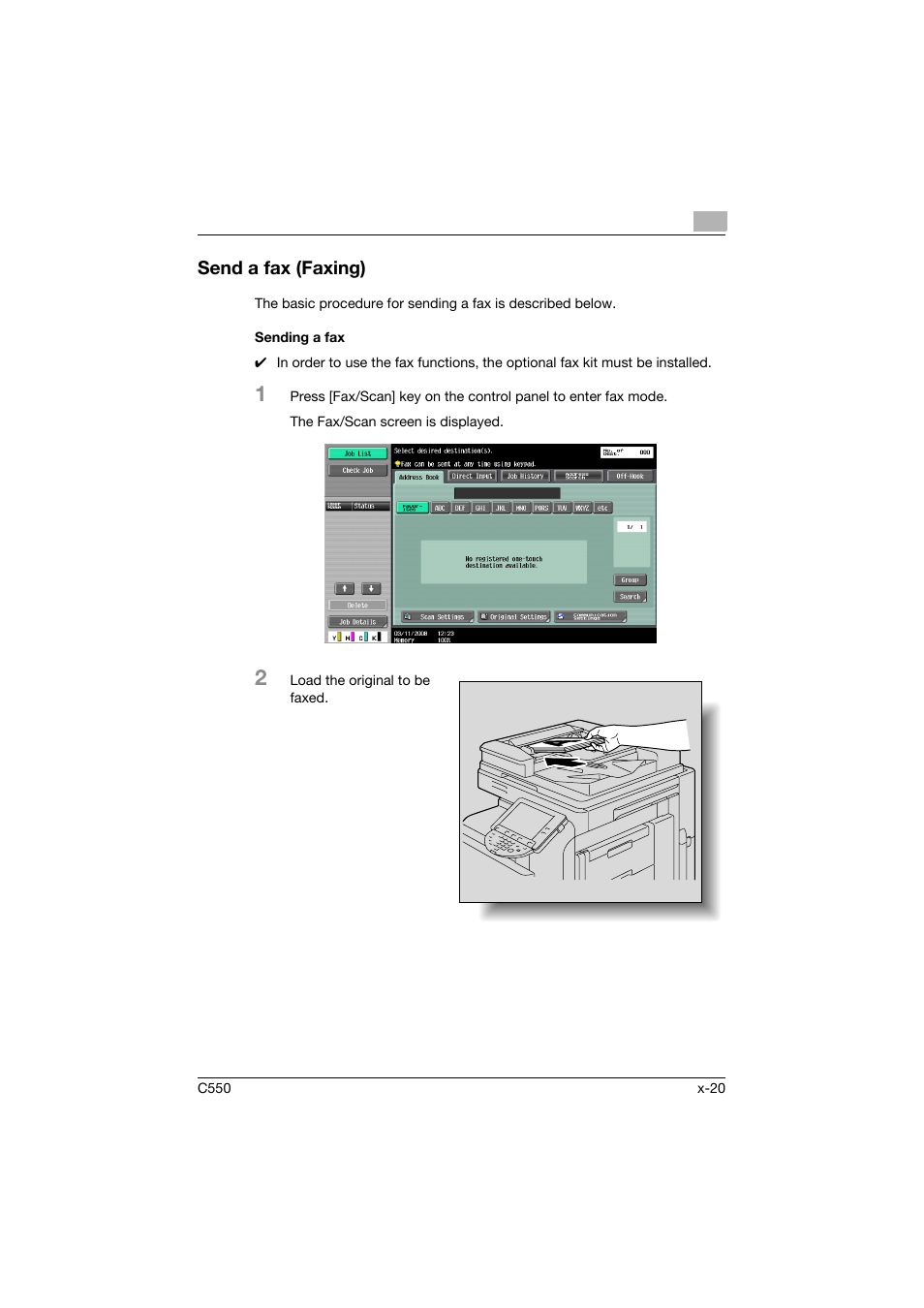 Send a fax (faxing), Sending a fax | Konica Minolta bizhub C550 User Manual | Page 21 / 491