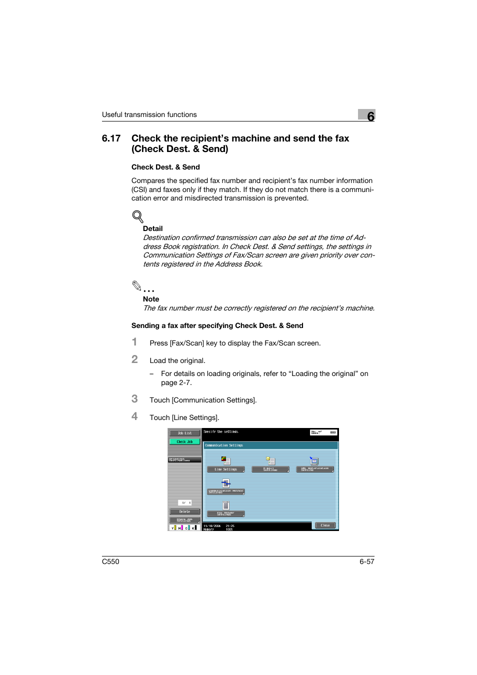 Check dest. & send, Sending a fax after specifying check dest. & send | Konica Minolta bizhub C550 User Manual | Page 216 / 491