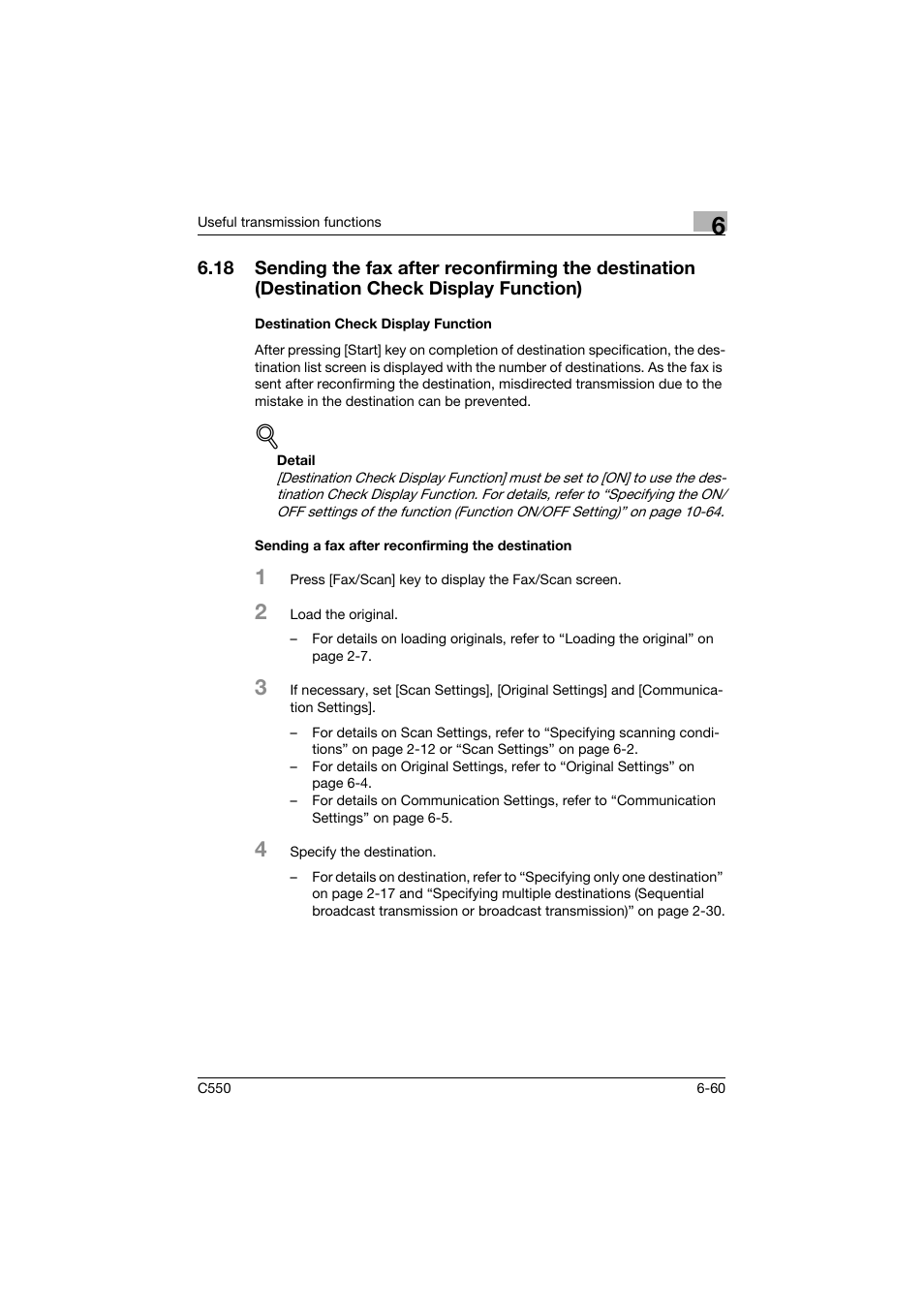 Destination check display function, Sending a fax after reconfirming the destination | Konica Minolta bizhub C550 User Manual | Page 219 / 491