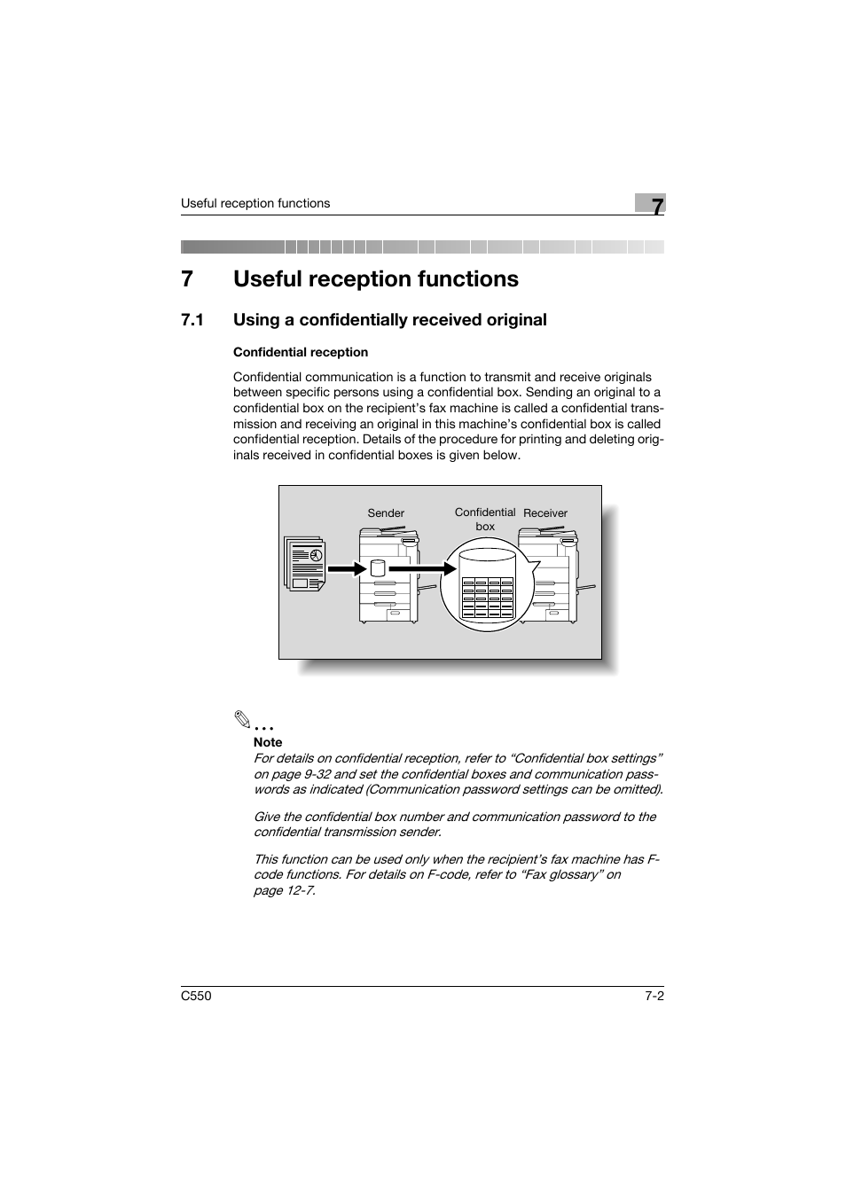 7 useful reception functions, 1 using a confidentially received original, Confidential reception | Useful reception functions, Using a confidentially received original -2, Confidential reception -2, 7useful reception functions | Konica Minolta bizhub C550 User Manual | Page 238 / 491