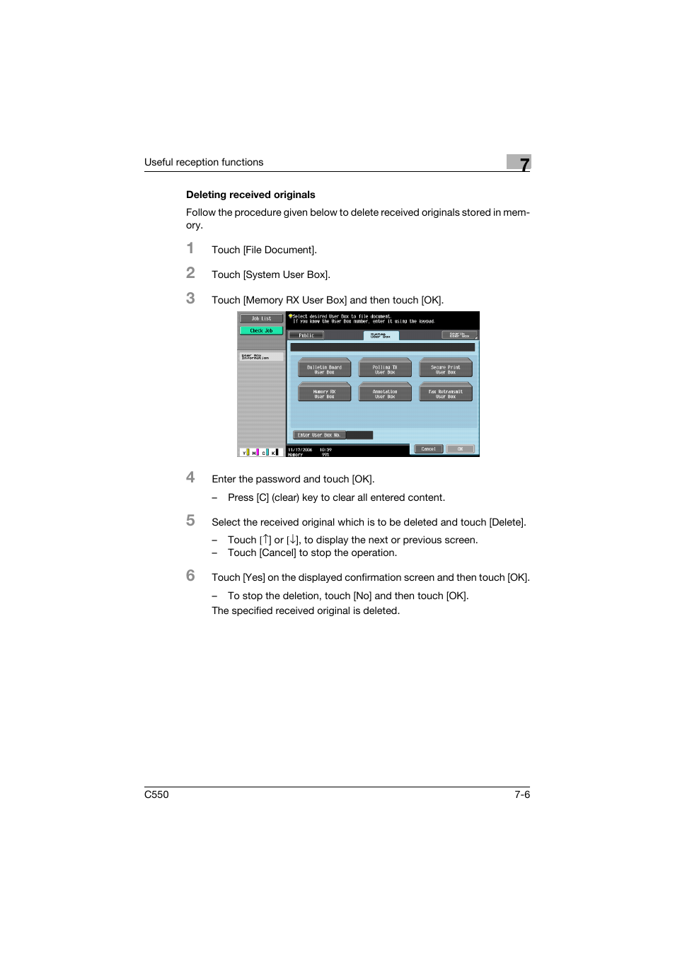Deleting received originals, Deleting received originals -6 | Konica Minolta bizhub C550 User Manual | Page 242 / 491