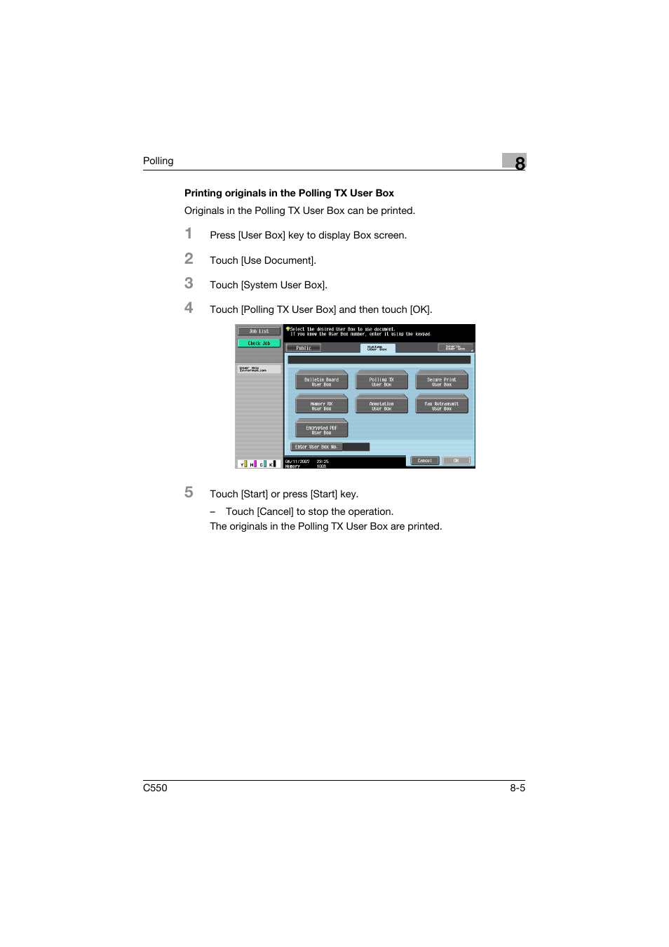 Printing originals in the polling tx user box, Printing originals in the polling tx user box -5 | Konica Minolta bizhub C550 User Manual | Page 248 / 491