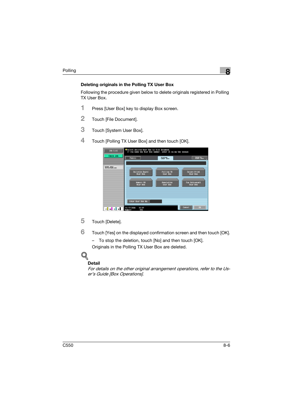 Deleting originals in the polling tx user box, Deleting originals in the polling tx user box -6 | Konica Minolta bizhub C550 User Manual | Page 249 / 491