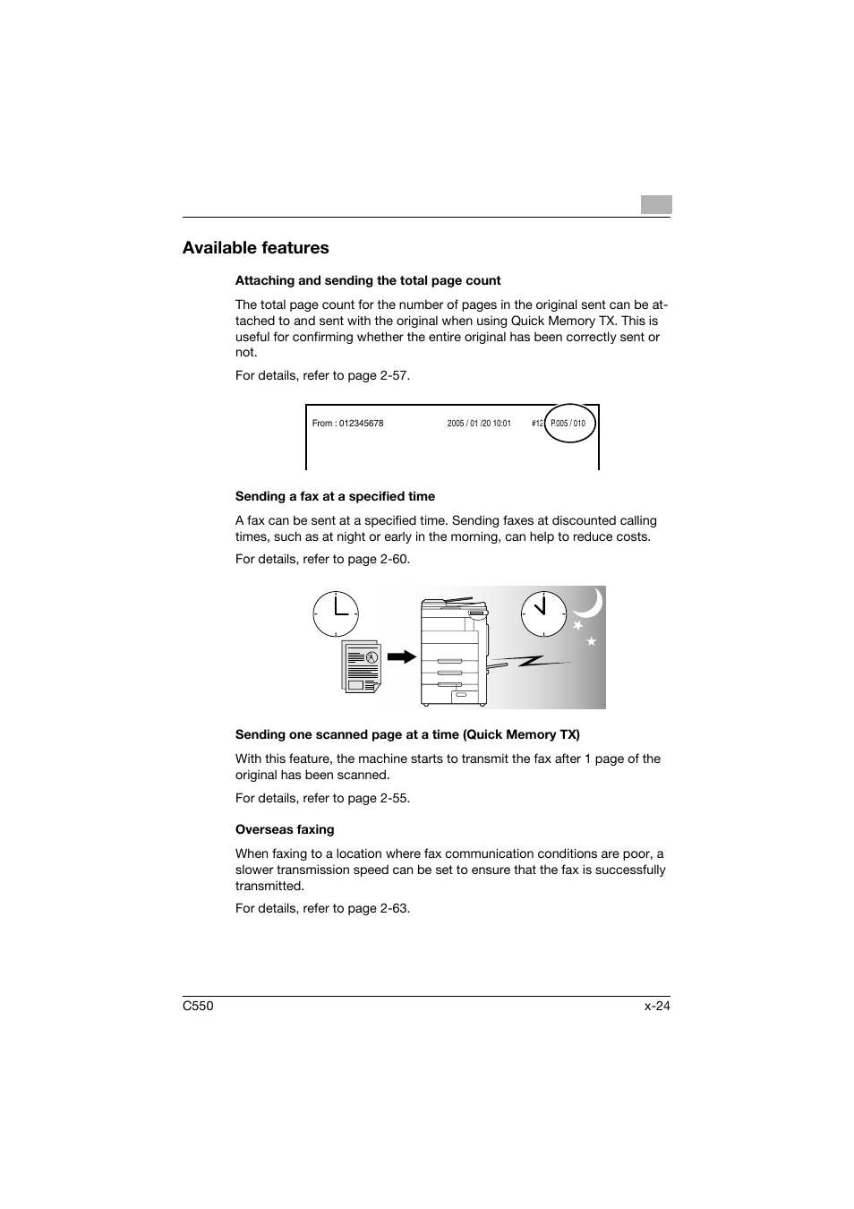 Available features, Sending a fax at a specified time, Overseas faxing | Konica Minolta bizhub C550 User Manual | Page 25 / 491