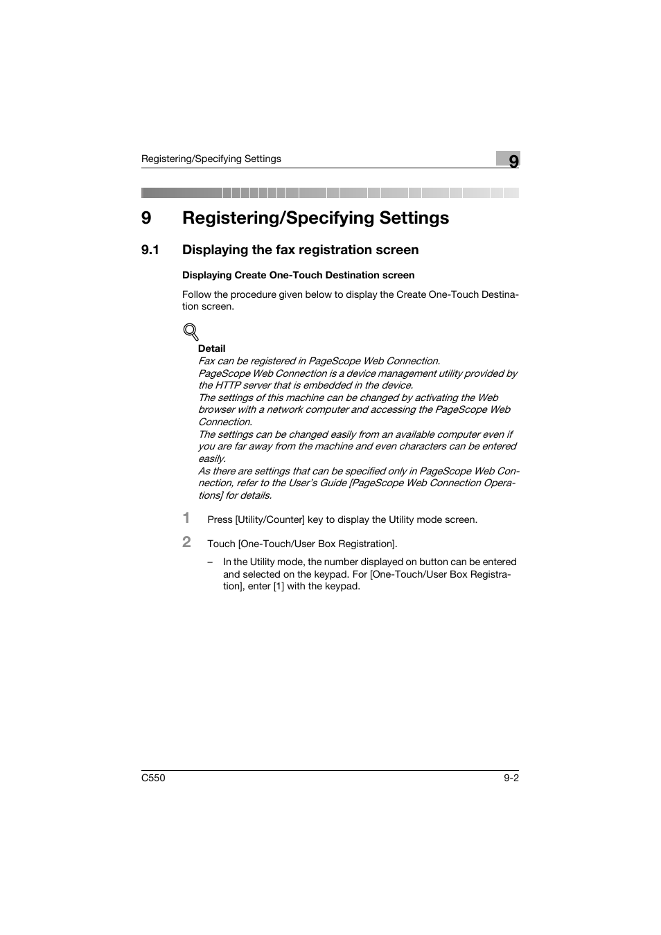 9 registering/specifying settings, 1 displaying the fax registration screen, Displaying create one-touch destination screen | Registering/specifying settings, Displaying the fax registration screen -2, Displaying create one-touch destination screen -2, 9registering/specifying settings | Konica Minolta bizhub C550 User Manual | Page 262 / 491