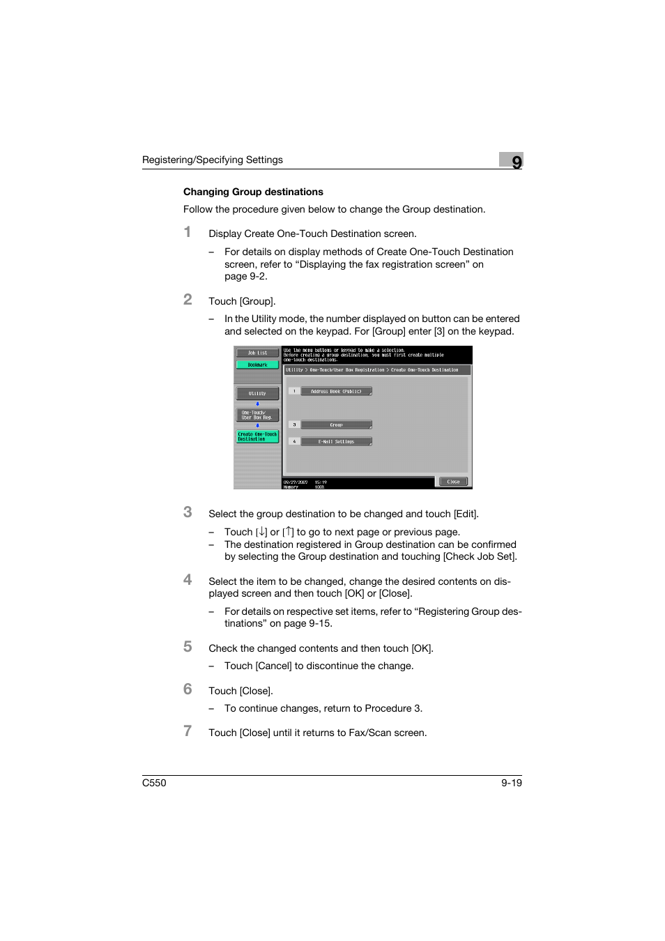 Changing group destinations, Changing group destinations -19 | Konica Minolta bizhub C550 User Manual | Page 279 / 491