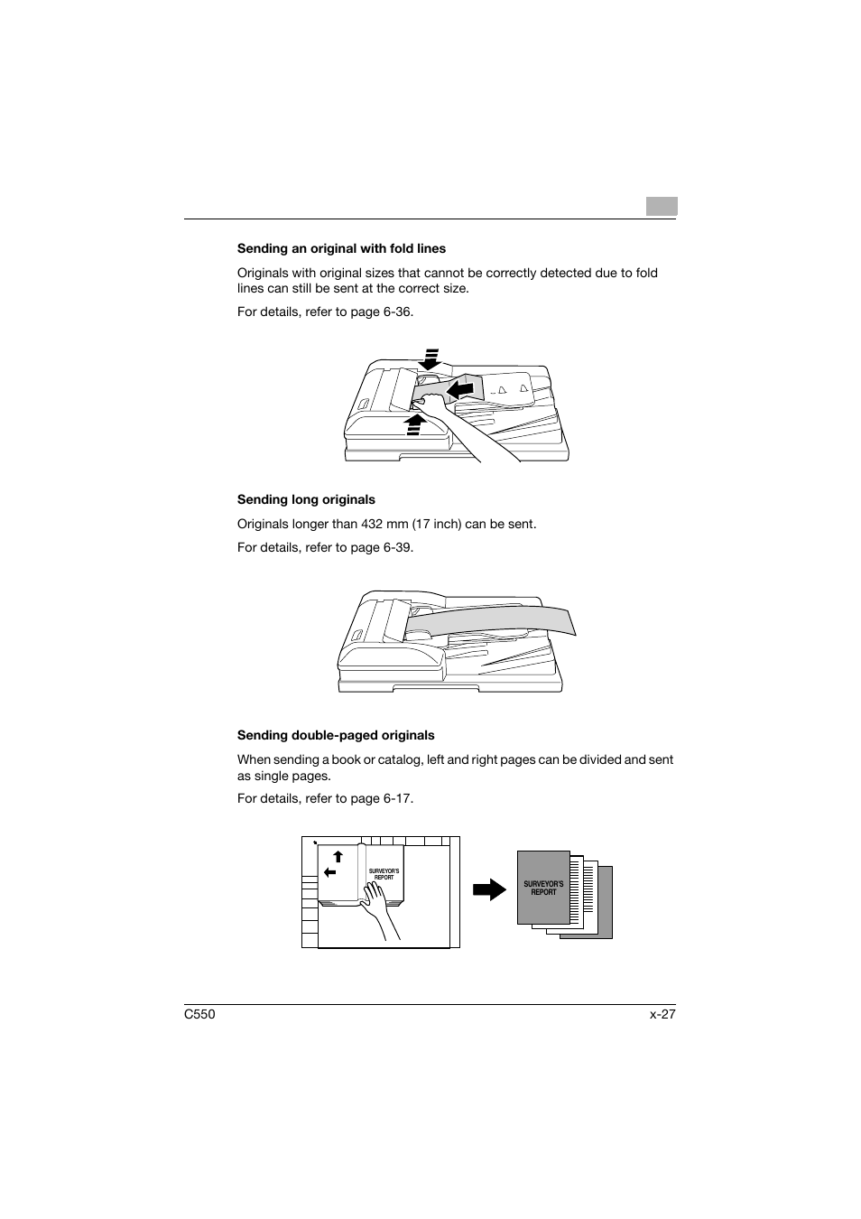 Sending an original with fold lines, Sending long originals | Konica Minolta bizhub C550 User Manual | Page 28 / 491