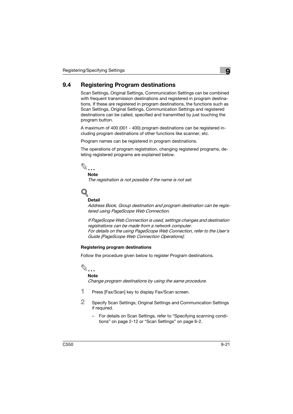 4 registering program destinations, Registering program destinations, Registering program destinations -21 | Konica Minolta bizhub C550 User Manual | Page 281 / 491