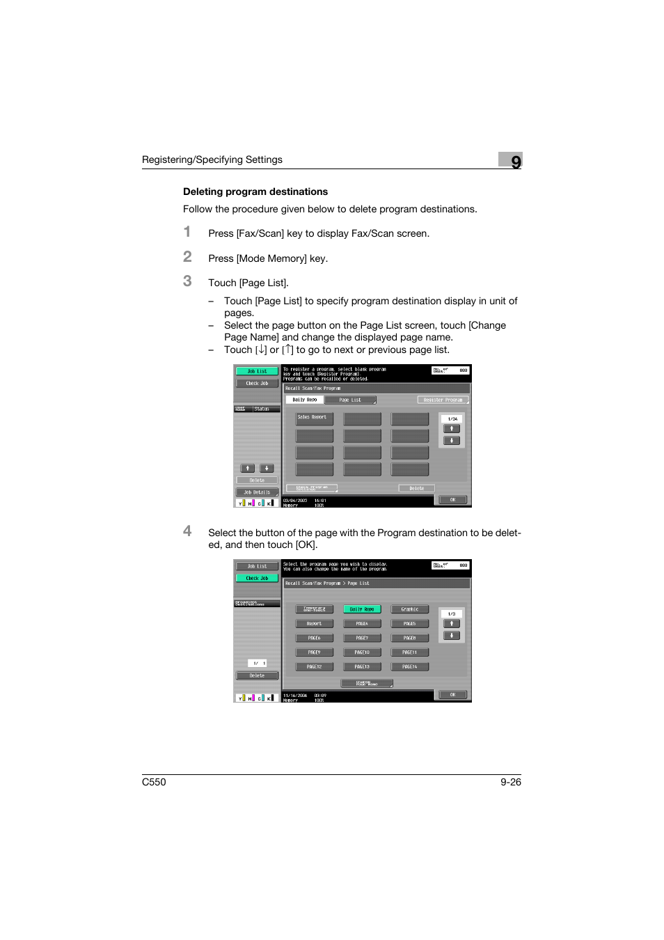 Deleting program destinations, Deleting program destinations -26 | Konica Minolta bizhub C550 User Manual | Page 286 / 491