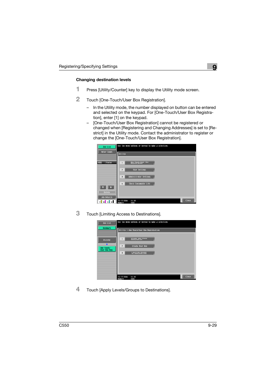 Changing destination levels, Changing destination levels -29 | Konica Minolta bizhub C550 User Manual | Page 289 / 491