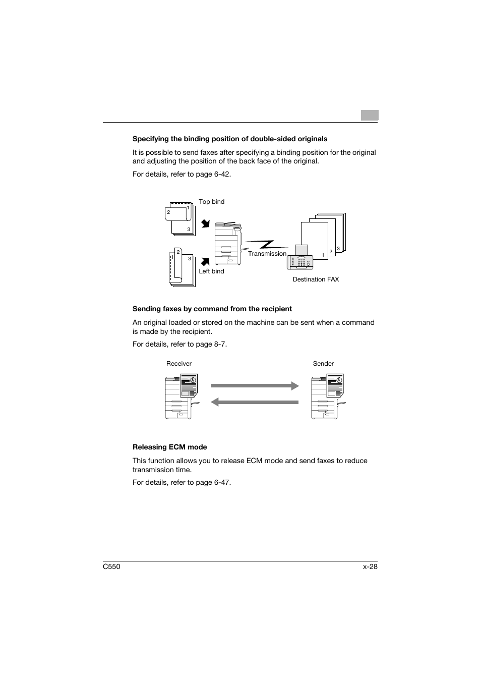 Sending faxes by command from the recipient, Releasing ecm mode | Konica Minolta bizhub C550 User Manual | Page 29 / 491