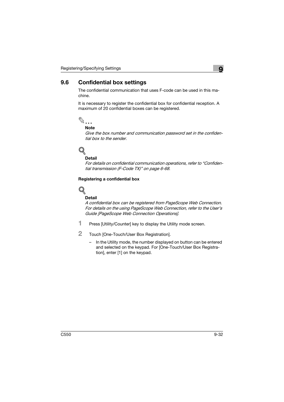 6 confidential box settings, Registering a confidential box, Confidential box settings -32 | Registering a confidential box -32 | Konica Minolta bizhub C550 User Manual | Page 292 / 491