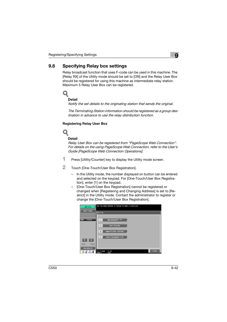 8 specifying relay box settings, Registering relay user box, Specifying relay box settings -42 | Registering relay user box -42 | Konica Minolta bizhub C550 User Manual | Page 302 / 491