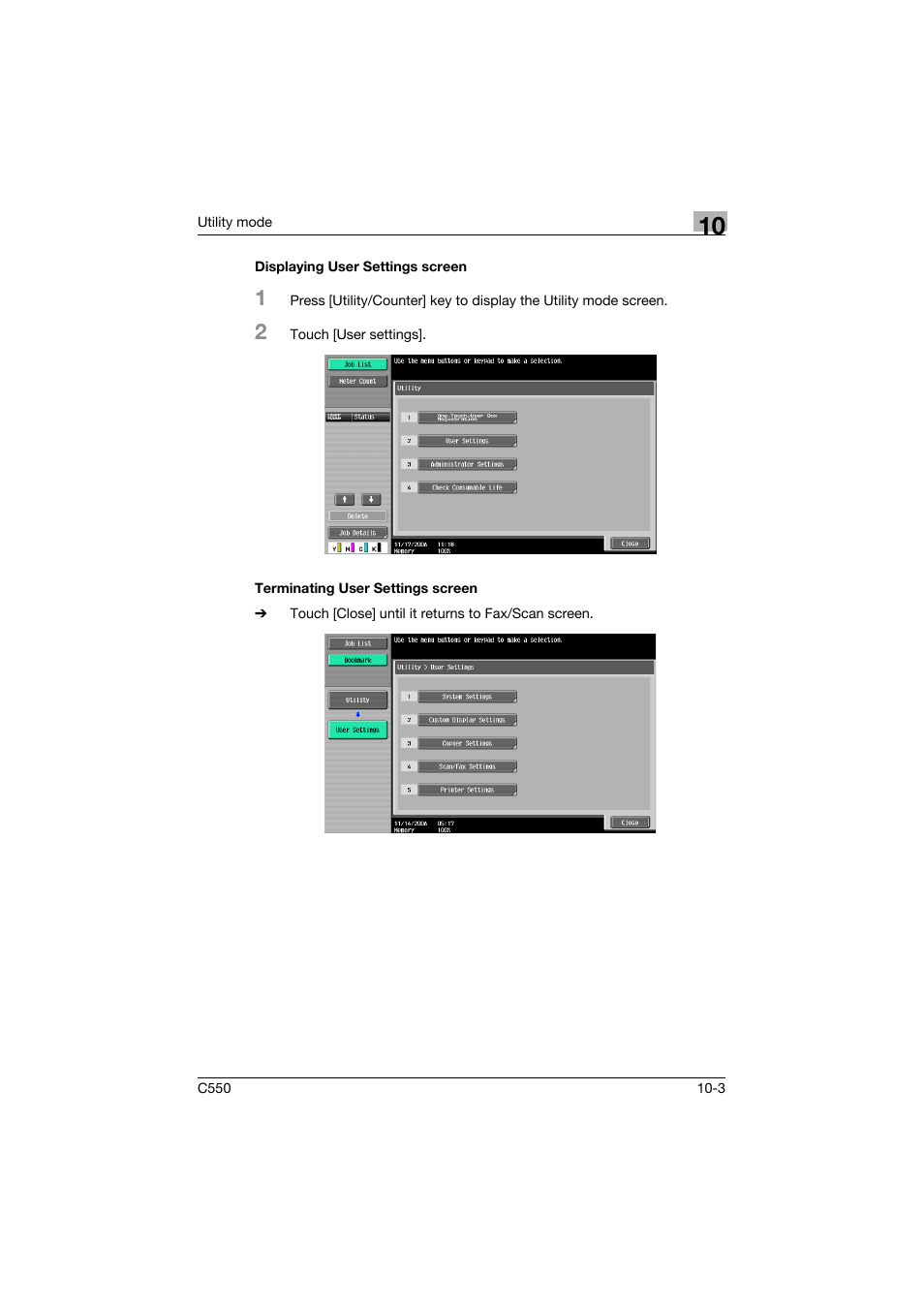 Displaying user settings screen, Terminating user settings screen | Konica Minolta bizhub C550 User Manual | Page 309 / 491