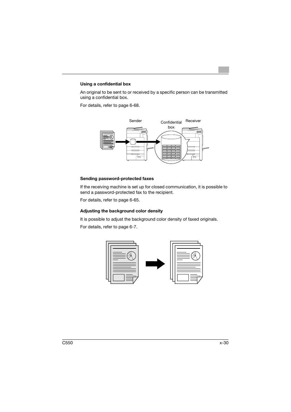 Using a confidential box, Sending password-protected faxes, Adjusting the background color density | Konica Minolta bizhub C550 User Manual | Page 31 / 491