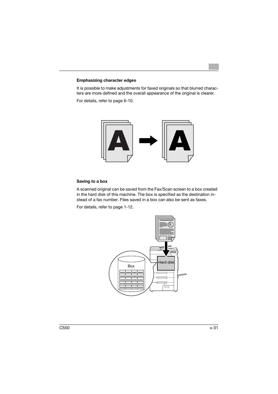 Emphasizing character edges, Saving to a box | Konica Minolta bizhub C550 User Manual | Page 32 / 491