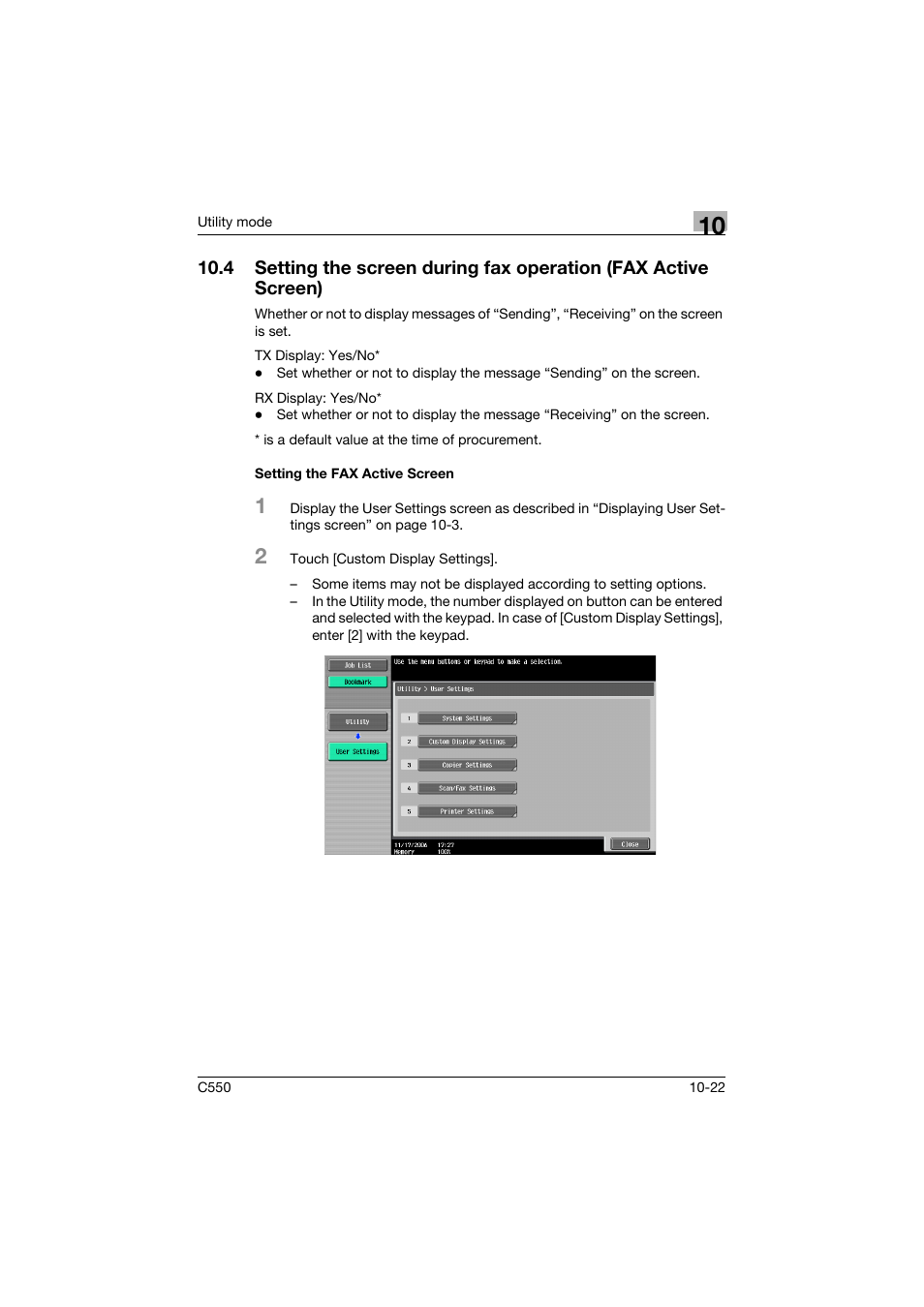 Setting the fax active screen, Setting the fax active screen -22 | Konica Minolta bizhub C550 User Manual | Page 328 / 491