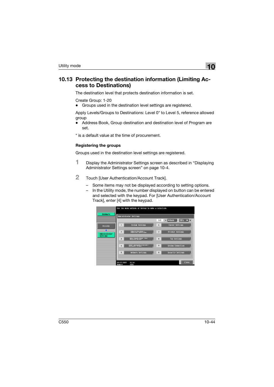 Registering the groups, 13 protecting the destination information, Limiting access to destinations) -44 | Registering the groups -44 | Konica Minolta bizhub C550 User Manual | Page 350 / 491