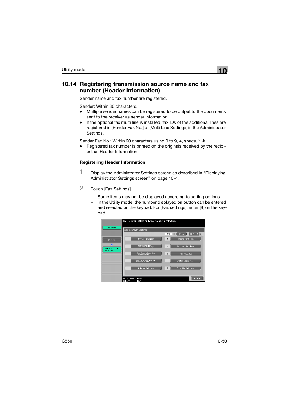 Registering header information, Header information) -50, Registering header information -50 | Konica Minolta bizhub C550 User Manual | Page 356 / 491