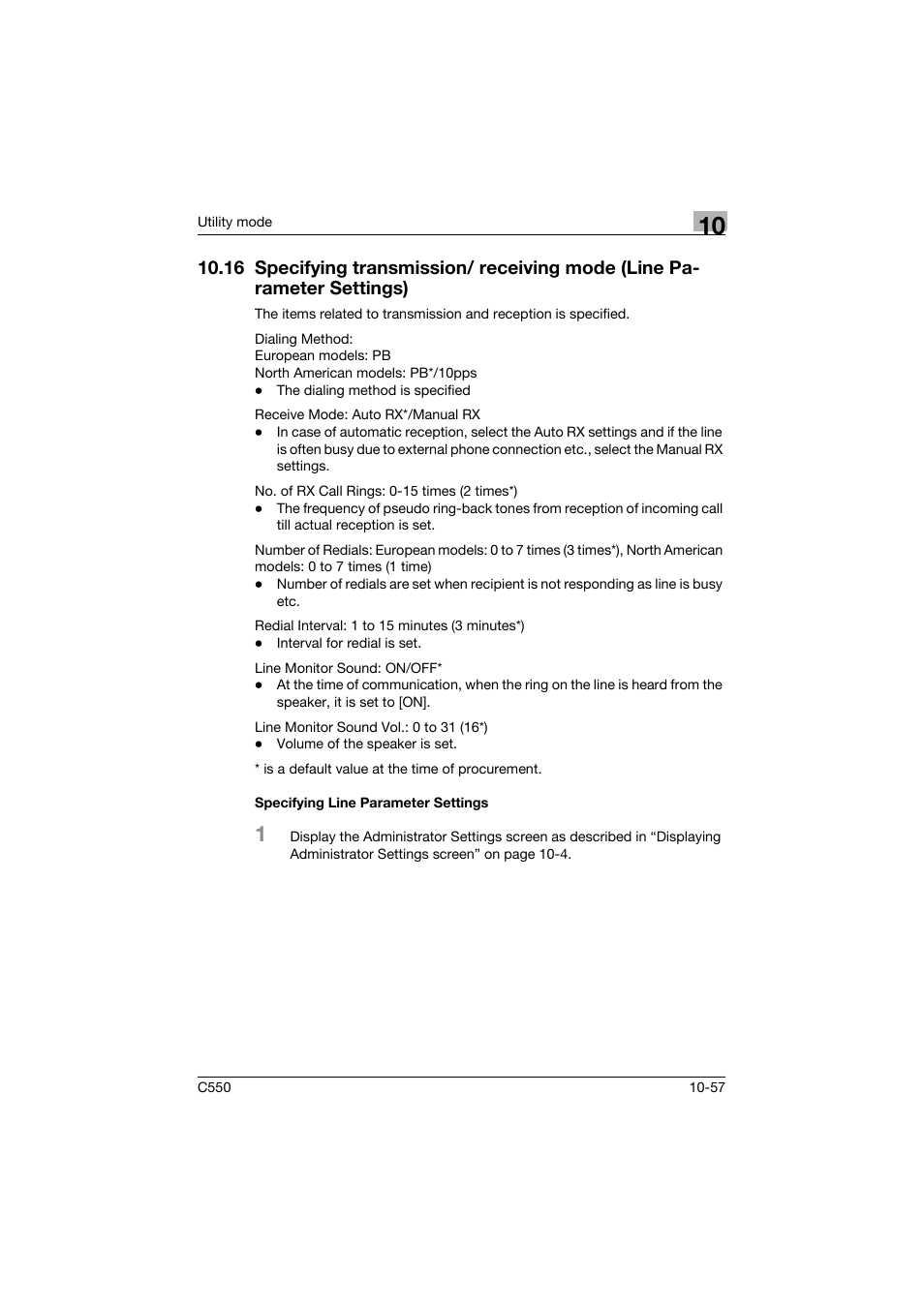 Specifying line parameter settings, 16 specifying transmission/ receiving mode, Line parameter settings) -57 | Specifying line parameter settings -57 | Konica Minolta bizhub C550 User Manual | Page 363 / 491