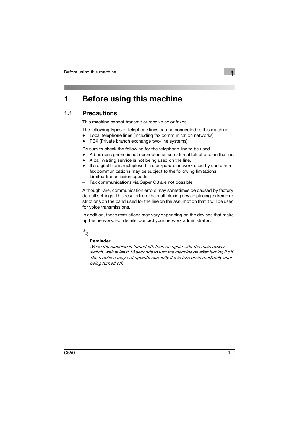 1 before using this machine, 1 precautions, Before using this machine | Precautions -2, 1before using this machine | Konica Minolta bizhub C550 User Manual | Page 39 / 491