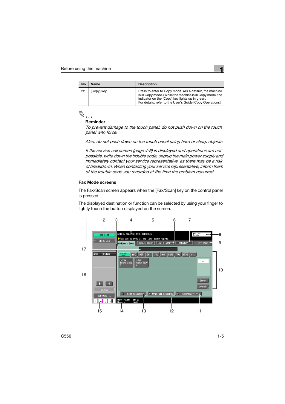 Fax mode screens, Fax mode screens -5 | Konica Minolta bizhub C550 User Manual | Page 42 / 491