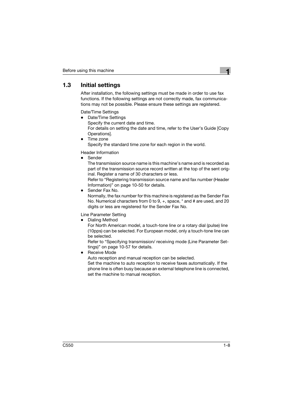 3 initial settings, Initial settings -8 | Konica Minolta bizhub C550 User Manual | Page 45 / 491