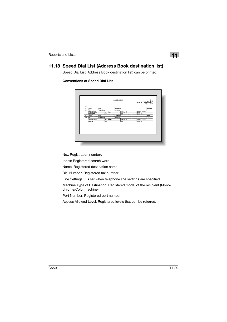 18 speed dial list (address book destination list), Conventions of speed dial list, Conventions of speed dial list -39 | Konica Minolta bizhub C550 User Manual | Page 461 / 491