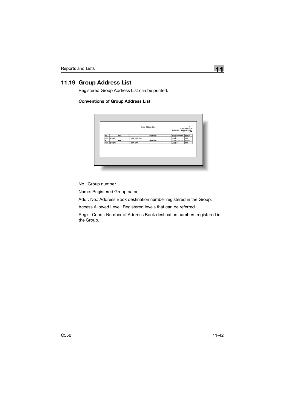 19 group address list, Conventions of group address list, 19 group address list -42 | Conventions of group address list -42 | Konica Minolta bizhub C550 User Manual | Page 464 / 491