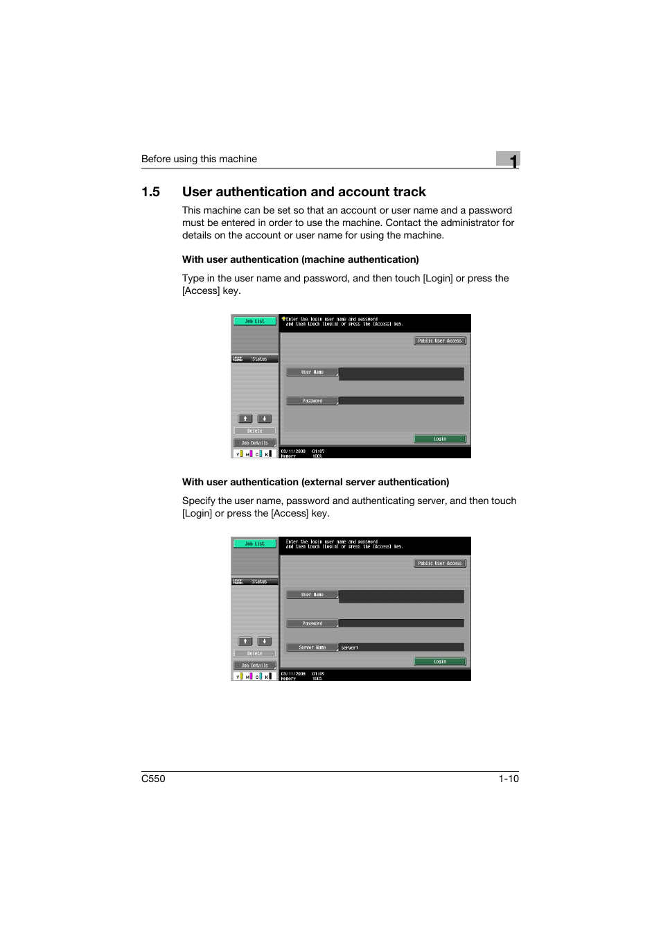 5 user authentication and account track, With user authentication (machine authentication), User authentication and account track -10 | Konica Minolta bizhub C550 User Manual | Page 47 / 491