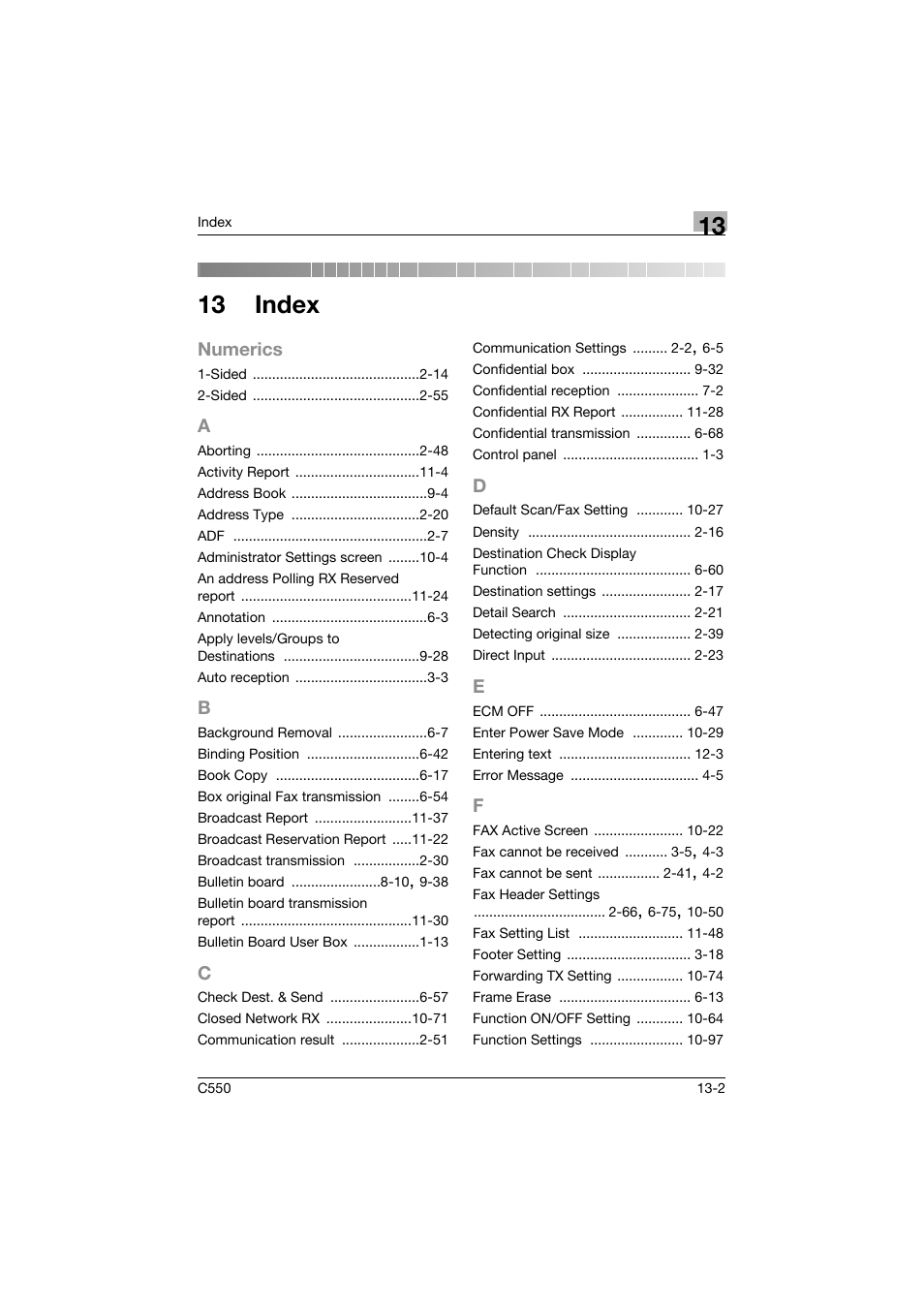 13 index, A to f | Konica Minolta bizhub C550 User Manual | Page 488 / 491