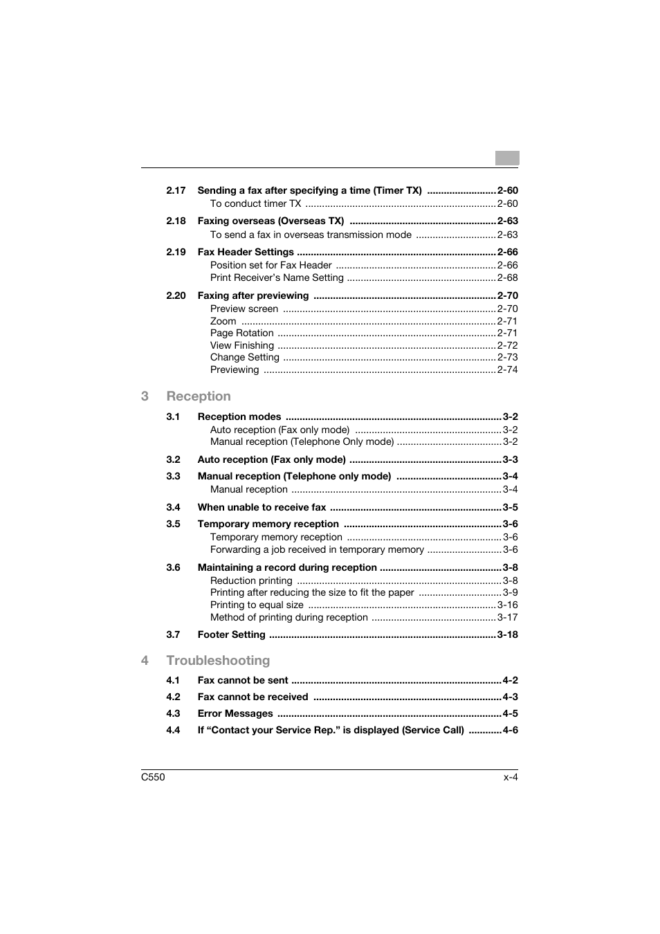 3reception, 4troubleshooting | Konica Minolta bizhub C550 User Manual | Page 5 / 491