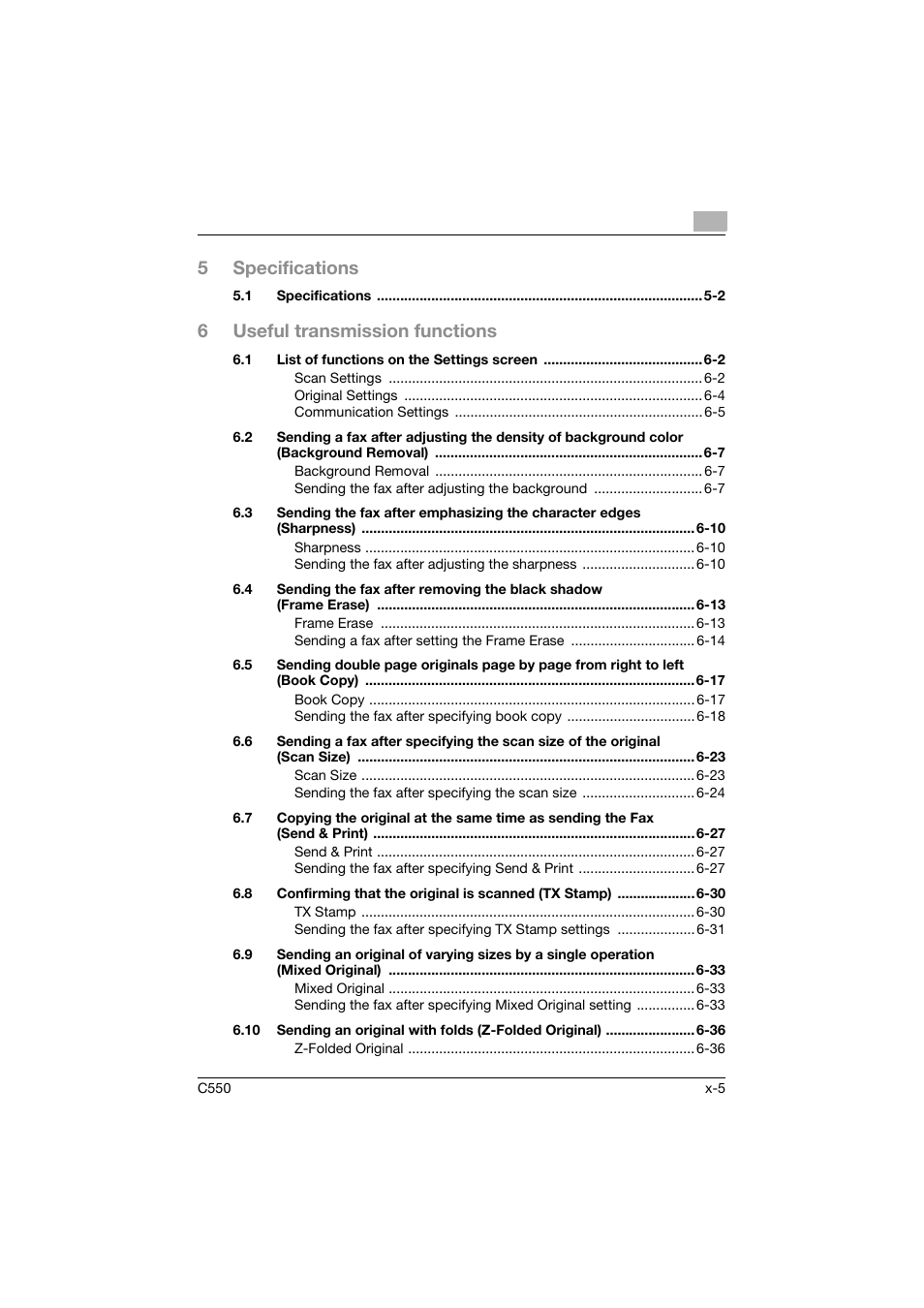 5specifications, 6useful transmission functions | Konica Minolta bizhub C550 User Manual | Page 6 / 491