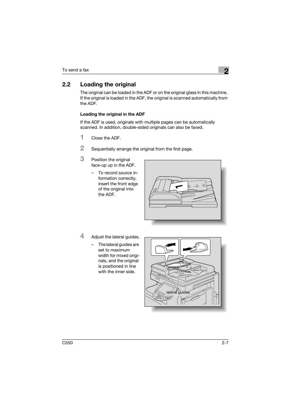 2 loading the original, Loading the original in the adf, Loading the original -7 | Loading the original in the adf -7 | Konica Minolta bizhub C550 User Manual | Page 63 / 491